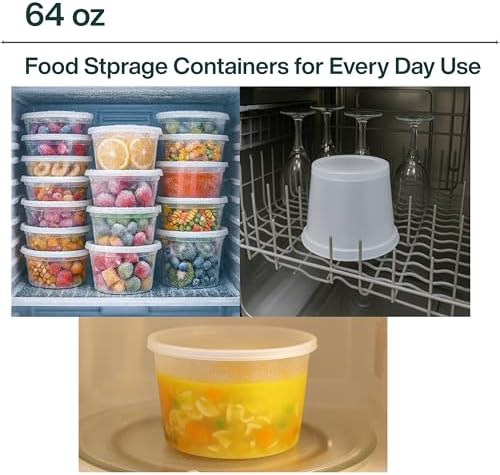 64oz [12 set] Heavy Duty Plastic Deli Container | BPA-Free Food Storage with Airtight Leak‑Proof Lids | Microwave, Freezer & Dishwasher Safe – Stackable, Bulk Reusable Soup & Meal Prep Tub - Image 4