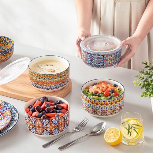 vancasso SIMI 36 oz Ceramic Bowls with Lids Set of 4,Bohemian Serving Bowl - Image 5