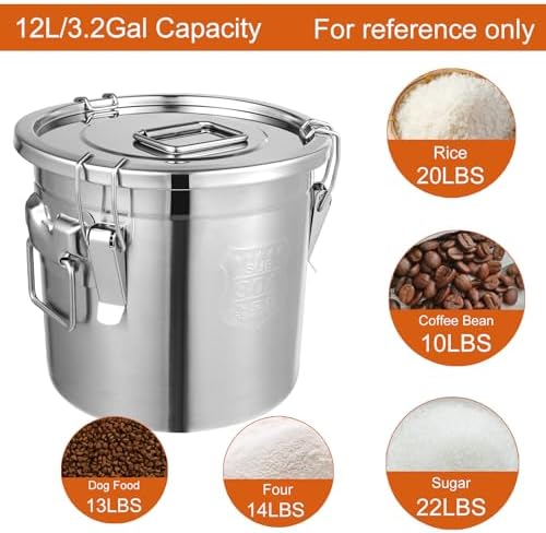DYNAMI 304 Stainless Steel Airtight Canister for Kitchen, 3.2Gal/405oz Flour Container with Lid and Locking Clamp,10-21Lbs Metal Bucket Food Storage Container for Rice, Flour, Grain, Coffee Bean(12L) - Image 3