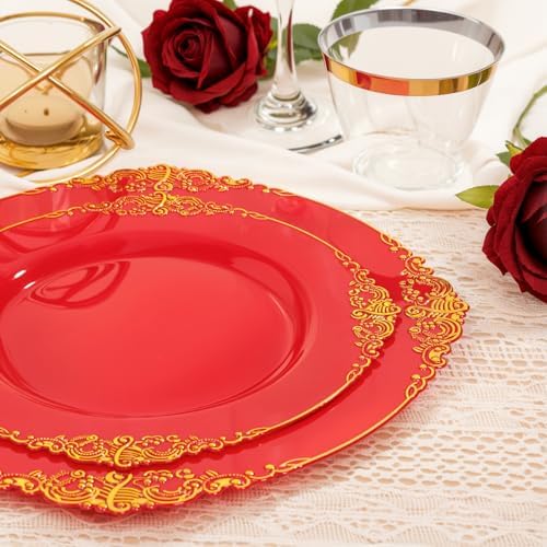 Nervure 350Pcs Red Plastic Plates, Disposable Dinnerware Set for 50 Guests - Image 2