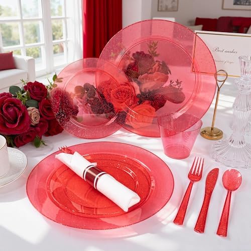 DaYammi 210PCS Red Glitter Plastic Dinnerware Set for 30 Guests - Image 4