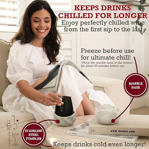 Gusto Nostro White Marble Wine Chiller for Glass and Stainless Steel Tumbler Set of 2 - Freezable Wine Glass Chiller Holder - Cool Set of Chillers and Stemless Metal Wine Tumblers for Home Bar (Black) - Image 3