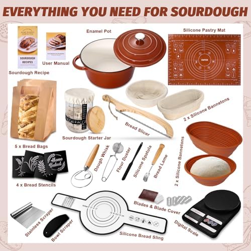 EWFEN Sourdough Starter Kit with Enamel Cast Iron Pot, Complete Sourdough Bread Baking Supplies, Round & Oval Bread Proofing Basket with 34 Oz Starter Jar, Bread Making Tools Kit - Image 2