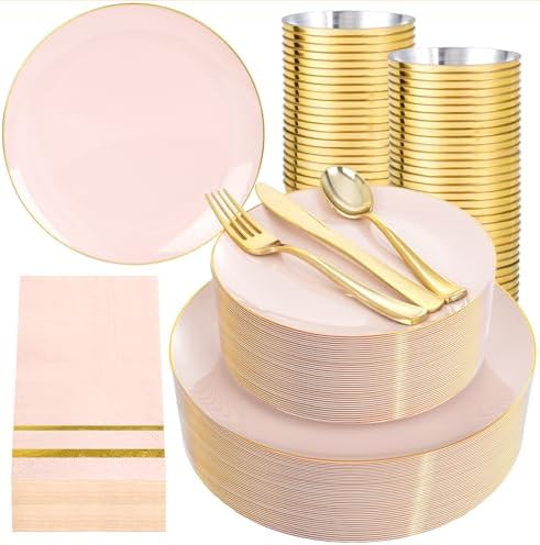 NOCCUR 350PCS Pink Plates Disposable - Pink Gold Plastic Dinnerware Set for 50 Guests Include 100 Dinner/Dessert Plates,150 Cutlery,50 Cups&50 Napkins - Ideal for Party/Wedding/Mother's Day by NOCCUR