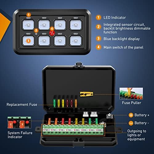 Nilight 8 Gang Switch Panel System Circuit Control Relay System Fuse Wiring Harness Automatic Dimmable ON Off LED Switch Pod for 12V Cars Trucks Campers SUV, 2 Years Warranty,Blue - Image 6