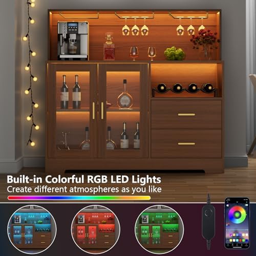 Bar Cabinet for Home with LED Light,Coffee Bar Cabinet w/ Wine & Glass Rack - Image 4