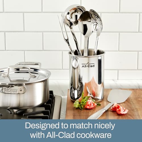 All-Clad 5-Piece Stainless Steel Kitchen Utensil Set – Includes Ladle, Solid Spoon, Slotted Spoon, Turner & Storage Caddy – Heavy-Gauge, Ergonomic, Dishwasher Safe, Silver (Pack of 2) - Image 3
