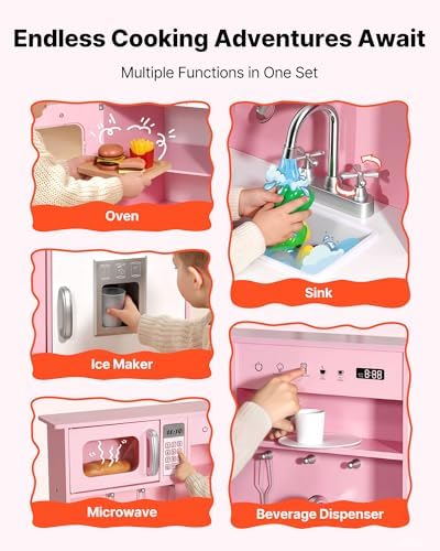 VEVOR Play Kitchen for Kids, Wooden Kids Kitchen Playset with Real Lights & Sounds, Food & Cookware, Pretend Play Toy Set, Microwave, Oven, Clicking Knobs, for Toddlers, Girls & Boys Ages 3-8, Pink - Image 3