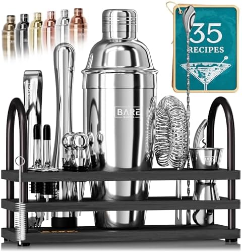 BARE BARREL® Mixology Bartender Kit Bar Set | 14-Piece Cocktail Shaker Set | Martini Barware Mixing Tools for Home Bartending | 35 Recipe Cards | Gift Set (24oz Cobbler Shaker, Silver/Black) by BareBarrel