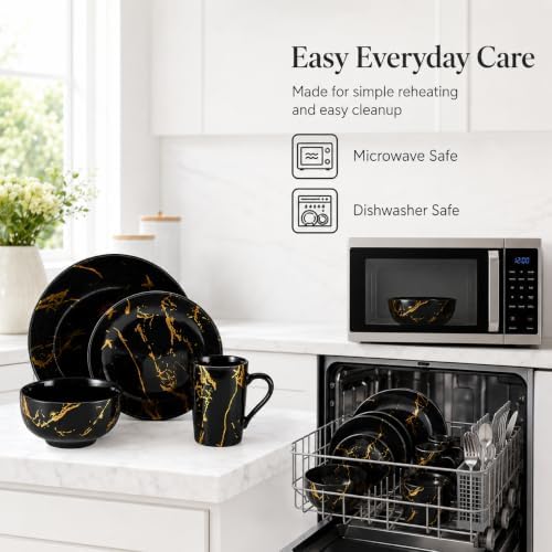 Black and Gold Marble Dinnerware Set for 4, 16-Piece Porcelain - Image 4
