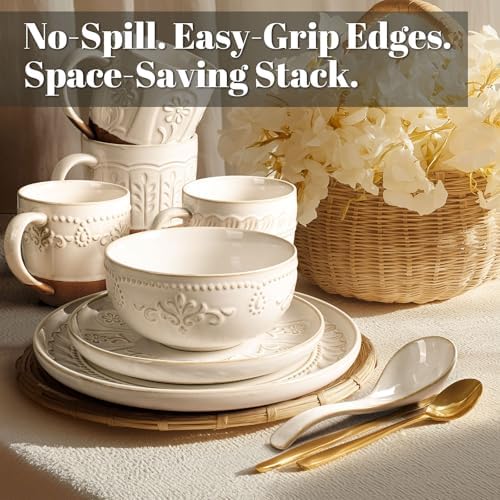 Artena Plates And Bowls Sets, 16 Pieces Dinnerware Sets, Dish Set For 4, Ceramic Kitchen Bowl And Plate Set, Embossed White Dishware Sets, Dishwasher & Microwave Safe (Pinwheel Flower) - Image 4