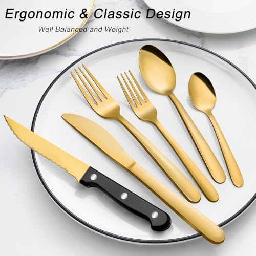 Pleafind 48-Pieces Gold Silverware Sets for 8, Stainless Steel Cutlery Set with Steak Knives, Flatware Set, Include Forks Spoons and Knives Set, Dishwasher Safe Utensil Sets for Home Restaurant - Image 6