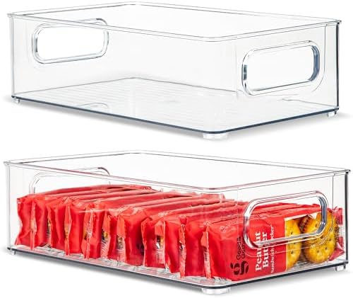 Plastic Food Storage 2 Pack Clear Container Bin with Handles for Organizing Kitchen, Pantry, Refrigerator, Freezer, Pantry, Cabinet, Closet, Bathroom. Stackable 10”x6”x3” by primebox