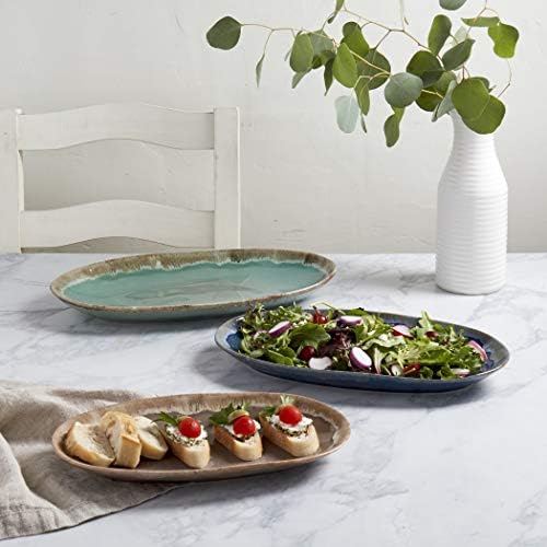 Tabletops Gallery Tuscan Collection Reactive Glaze 3 Piece Oval Stoneware Serving Trays Platters Kitchen Serveware, Blue Teal Green Brown - Image 3