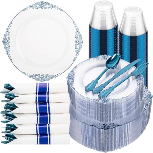 Hioasis 350pcs Clear Blue Plastic Plates 10.25" by Hioasis