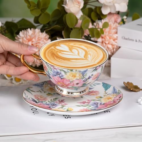 KAMMAK Tea Cups and Saucers Set of 2, Porcelain Coffee Cups, JBE018 - Image 4