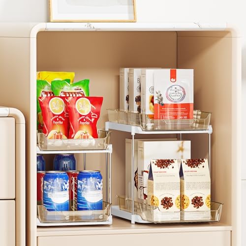 Delamu 2-Tier Multi-Purpose Bathroom Under Sink Organizers and Storage, Stackable Kitchen Pantry Organization, Pull Out Medicine Cabinet Organizer with Movable Dividers, Amber, 4 Pack - Image 5