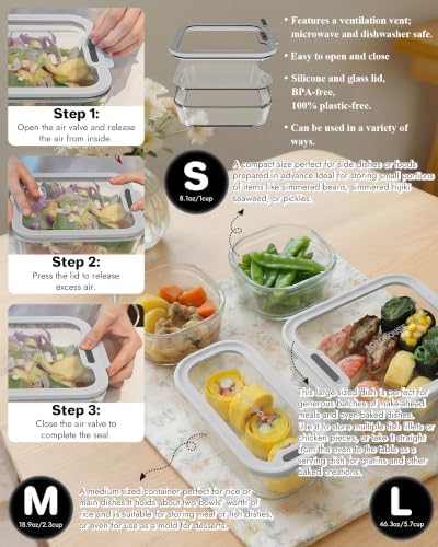 4-Pack Glass Food Storage Containers with Tempered Lids – Borosilicate, Airtight, Oven-Safe (-4°F~950°F), BPA-Free, 1Cup*2 & 2.3Cup*1 & 5.7Cup*1(Light gray) - Image 3