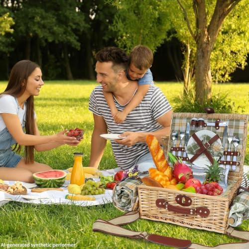 Wicker Picnic Basket for 2, Blanket & Wine Pouch, 16.6" Green - Image 2