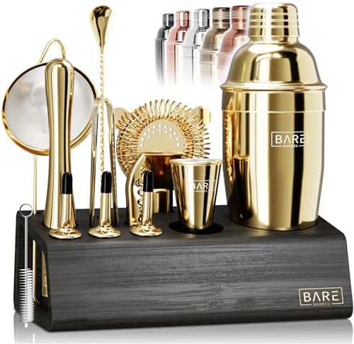 BARE BARREL® Mixology Bartender Kit Bar Set | 14-Piece Cocktail Shaker Set | Martini Barware Mixing Tools for Home Bartending | Incl. 35 Recipe Cards | Gift Set (24oz Cobbler Shaker, Gold/Black) by BareBarrel