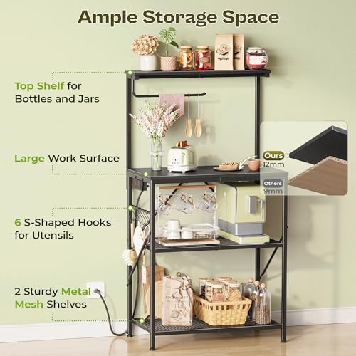 Huuger 4-Tier Bakers Rack with Reversible Power Outlet, 23.6 Inch Microwave Stand, Kitchen Coffee Bar, with Top Shelf, 6 S Hooks, Black - Image 5