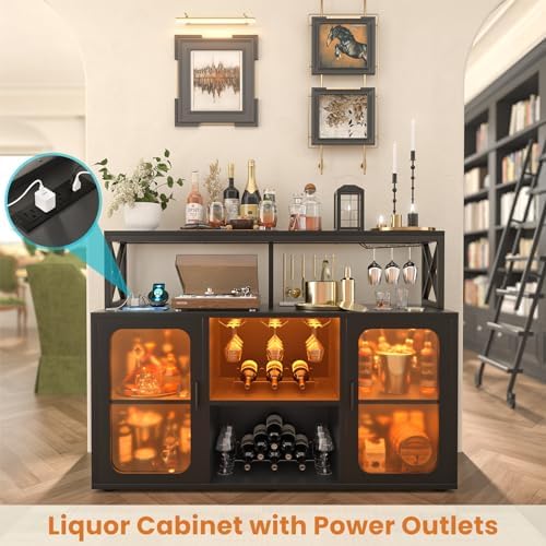 Aheaplus Bar Cabinet with Power Outlets, Liquor Cabinet with Led Lights and Glass Holder, Storage Buffet Cabinet Coffee Bar Cabinet for Liquor, Wine Cabinet with Racks -G2, Black - Image 3