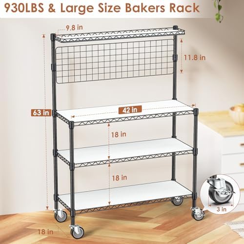 Bakers Rack with Storage & Wheels, 42In Microwave Stand Kitchen Shelves - Image 3