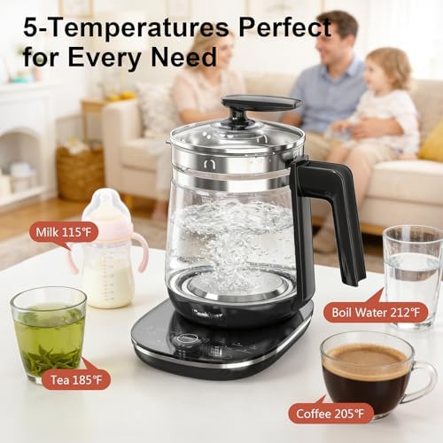 Electric Kettle 1.5L Borosilicate Glass, 1200W Temperature Control Tea Kettle with Auto Shut-Off & Boil-Dry Protection, BPA-Free Stainless Steel Base, Fast Boil for Coffee & Tea, Black - Image 3
