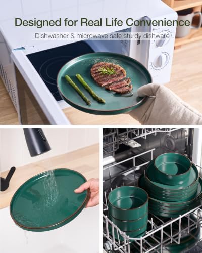 Famiware Nebula Ridge 24-Piece Dinnerware Set with Pasta Bowls, Dark Green - Image 6