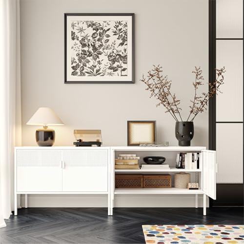 COFaR TV Stand for TVs up to 75 Inch, 40''L Media Console with Ventilation Doors, Metal Entertainment Center with Adjustable Shelves & 120Lbs Storage for Living Room & Bedroom, White - Image 4
