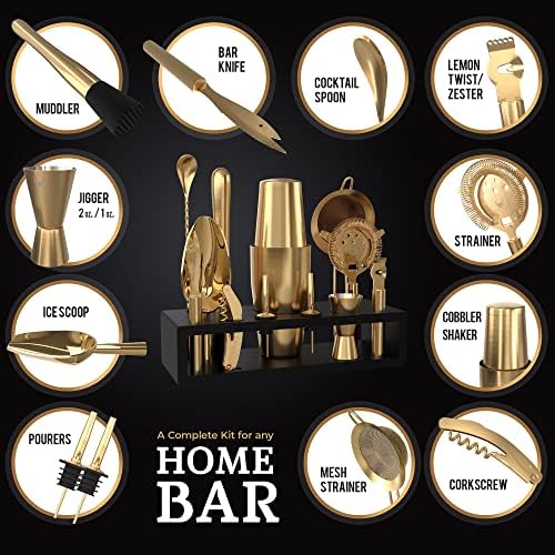 Highball & Chaser Bartender Kit with Black Bamboo Stand Beautiful Cocktail Shaker Set and Bar Tools Stainless Steel Boston Shaker Bartender Kit with Stand (Antique Gold) - Image 3
