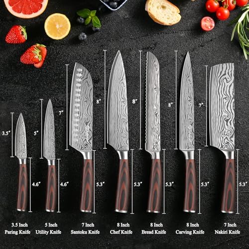 Sunnecko Kitchen Knife Set 7 Piece Chef Knife Set Professional High Carbon Stainless Steel, Sharp Kitchen Knives with Wooden Handle - Image 3