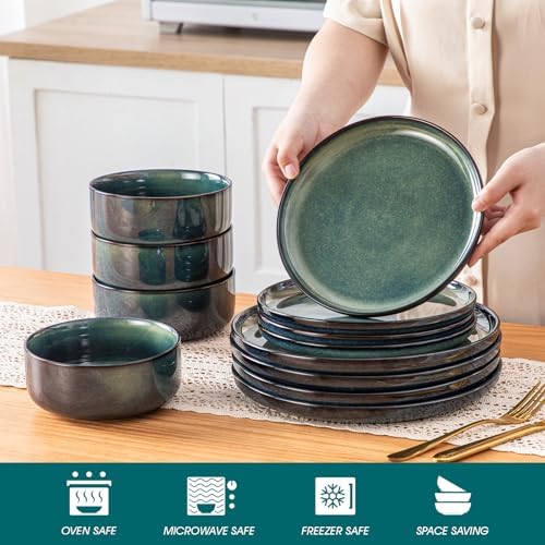 vancasso Starry 12 Pieces Dinnerware Sets for 4, Green Reactive Glaze Dishes Sets, Ceramic Plates and Bowls Set, Dinner Salad Dessert Plates, and Cereal Bowls Set, Dishwasher and Microwave Safe - Image 4
