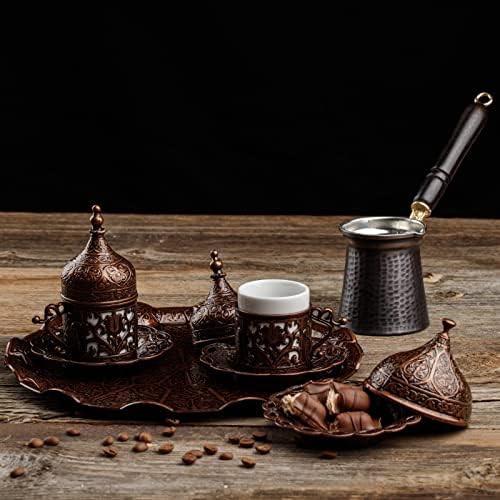 DEMMEX Turkish Greek Arabic Coffee Making and Serving Full Set with Cups Saucers Lids Sugar Bowl Tray and Copper Coffee Pot, 12 Pcs - Image 6