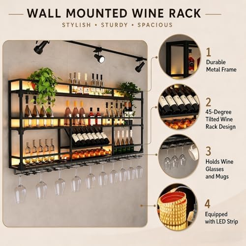 71Inch Metal Wall-Mounted Wine Rack with LED Light - 3 Tier Wine Storage Display Rack with Glass Holder - Space-Saving Bottle Display Shelf for Home Bars, Dining Rooms, Gold - Image 3