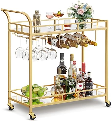 VASAGLE Bar Cart with 2 Mirrored Shelves, Wine Holders, Glass Holders by VASAGLEbySONGMICSHOME