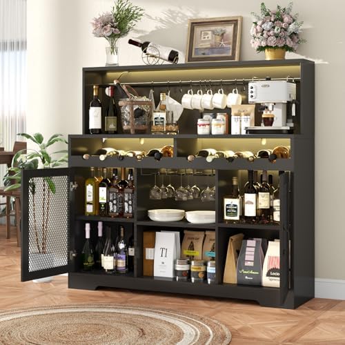 Loomie Wine Bar Cabinet with LED Light, Liquor Cabinet with Glass Holder, Coffee Bar for Liquor, Storage Buffet with Wine Racks, Wine Cabinet with Mesh Door (Black) - Image 4