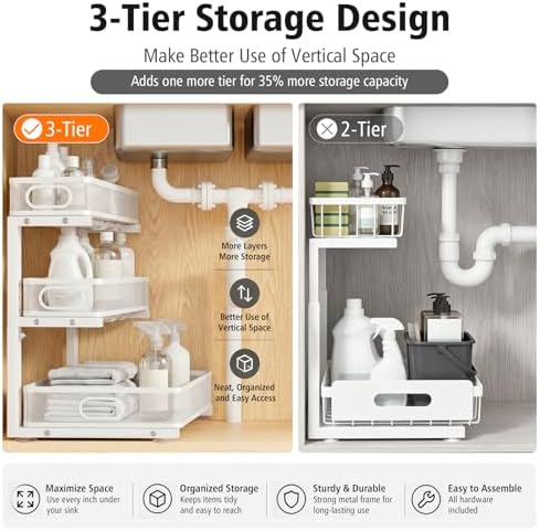 Under Sink Organizer, 3 Tier Pull Out Cabinet Organizer with 5 Adjustable Heights, Metal Under Sink Storage with Sliding Drawers for Kitchen, Bathroom, Pantry and Laundry Room, 2-Pack White - Image 4
