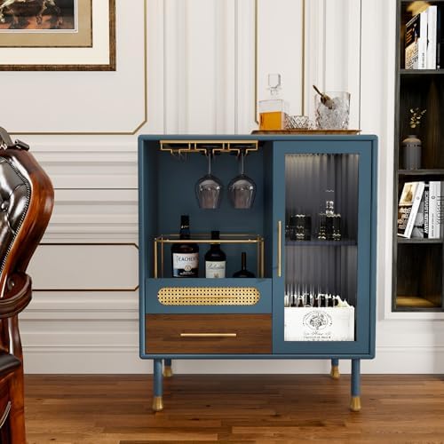 ARTPOWER Modern Coffee Bar Cabinet with Pull-Out Wine Storage, Blue by PowerofArtBetterforLife