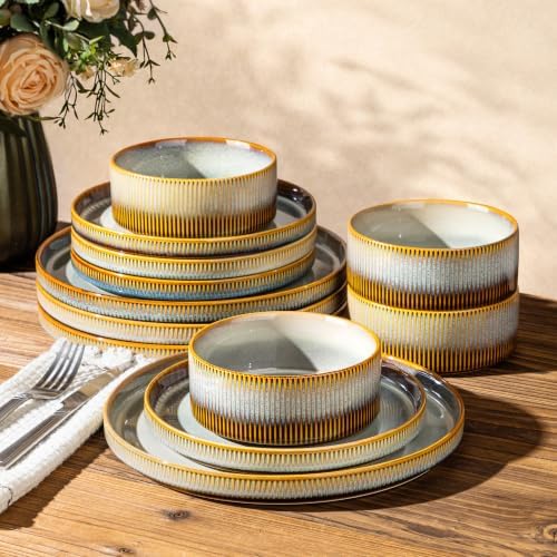 TheTerra Ceramic Dinnerware Set for 4, 12-Piece Plates and Bowls Set by TheTerra