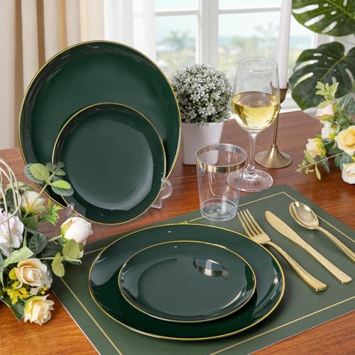 KIRE 175PCS Green Plastic Plates with Gold Rim - Heavy Duty Green Plates Disposable Include 50 Fancy Plastic Plate, 25Pre Rolled Napkins 25 Cups For Party/Wedding/Christmas - Image 4