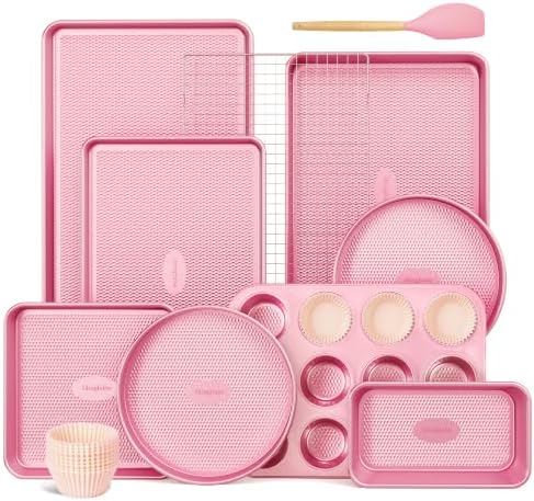 HONGBAKE 22-Piece Baking Pans Set Nonstick, Stackable Non Toxic Bakeware Sets with Diamond Texture, Oven Pan Set for Cooking, Includes Cookie Sheet with Rack, Cake Pan, Roasting Pan, Muffin Tin, Pink by HONGBAKE