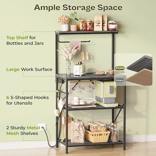 Huuger 4-Tier Bakers Rack with Reversible Power Outlet, 23.6 Inch Microwave Stand, Kitchen Coffee Bar, with Top Shelf, 6 S Hooks, Grey - Image 5