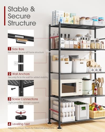 Sakugi 5-Tier Garage Shelving Unit - Heavy-Duty Metal Storage Shelves, Anti-Tip with Leveling Feet, Stable Storage for Kitchen, Pantry and Living Room Organization (Black, 30.7" x 10.6" x 58") - Image 5