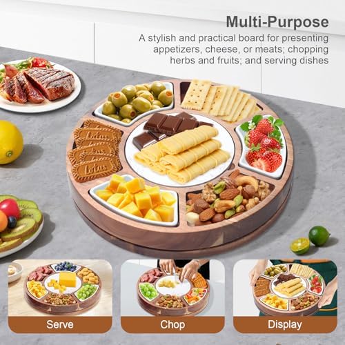 360° Rotating Lazy Susan Cheese & Charcuterie Board Set - 13.5" Acacia with Built-in Slate Chiller, 3 Ceramic Bowls & 2 Cheese Knives - Housewarming, Birthday & Wedding Gift - Image 2