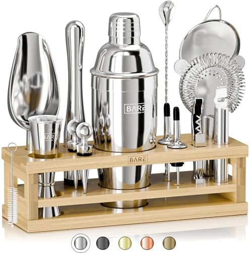 BARE BARREL® Mixology Bartender Kit Bar Set | 16-Piece Cocktail Shaker Set | Martini Barware Mixing Tools for Home Bartending | Incl. 35 Recipe Cards | Gift Set (24oz Cobbler Shaker, Silver/Natural) by BareBarrel
