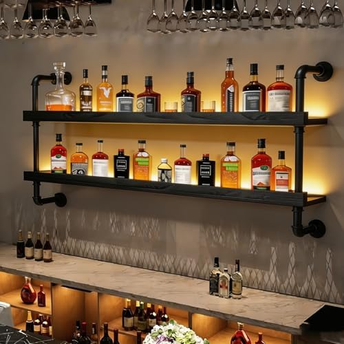 Wall Mounted Wine Rack with LED Light - 2-Tier Solid Wood Industrial Rustic Floating Shelves, Bottle Storage Organizer for Kitchen, Bar, Pub, Cellar, Home Bar (Black, 2-125cm/49.2in) by flowercart