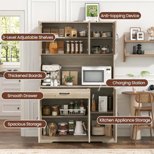 GRUSIGN 71" Pantry Cabinet with Charging Station, Large Capacity Kitchen Hutch Storage Cabinet, Kitchen Cabinet with Microwave Stand, Storage Drawers & Adjustable Shelves for Dining Room, Grey - Image 5
