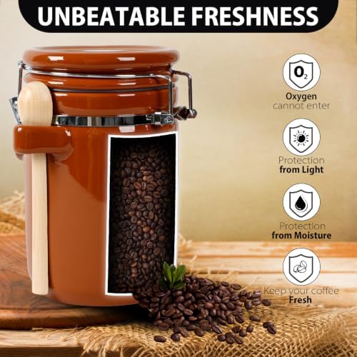 4 Piece Airtight Ceramic Canister Set With Attached Wooden Spoon Reusable Chalk Labels For Dry Goods Sugar Coffee Tea Kitchen Storage Use (Brown) - Image 5