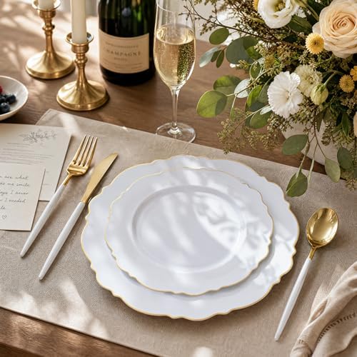 WDF 30Guest Gold Plastic Plates - High-end Baroque Design - 10.25&7.5in Wedding White and Gold Plates Disposable for Birthday/Baby Shower/Wedding/Party/Thanksgiving - Image 2